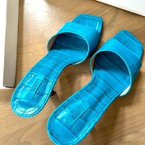 Schutz Blue Croc Leather Heeled Sandals